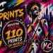 Colorful product packaging for an art set featuring graffiti-style artwork and a circular badge that says '110 prints'.
