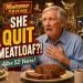 Meme-style image of an older man with light hair at a dinner table, a roasted turkey leg in front, with bold caption about quitting meat.