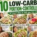 Magazine cover for '10 Low-Carb Portion-Control' showing assorted low-carb dishes like salad, avocado, eggs and grilled meat in a collage.